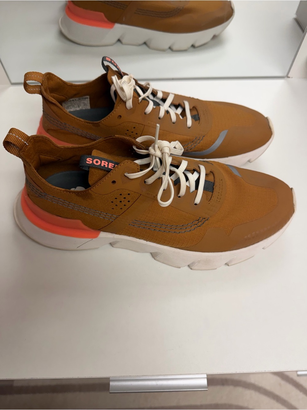 Sorel woman’s Athletic Sneakers in Brown with Coral Accent 8.5